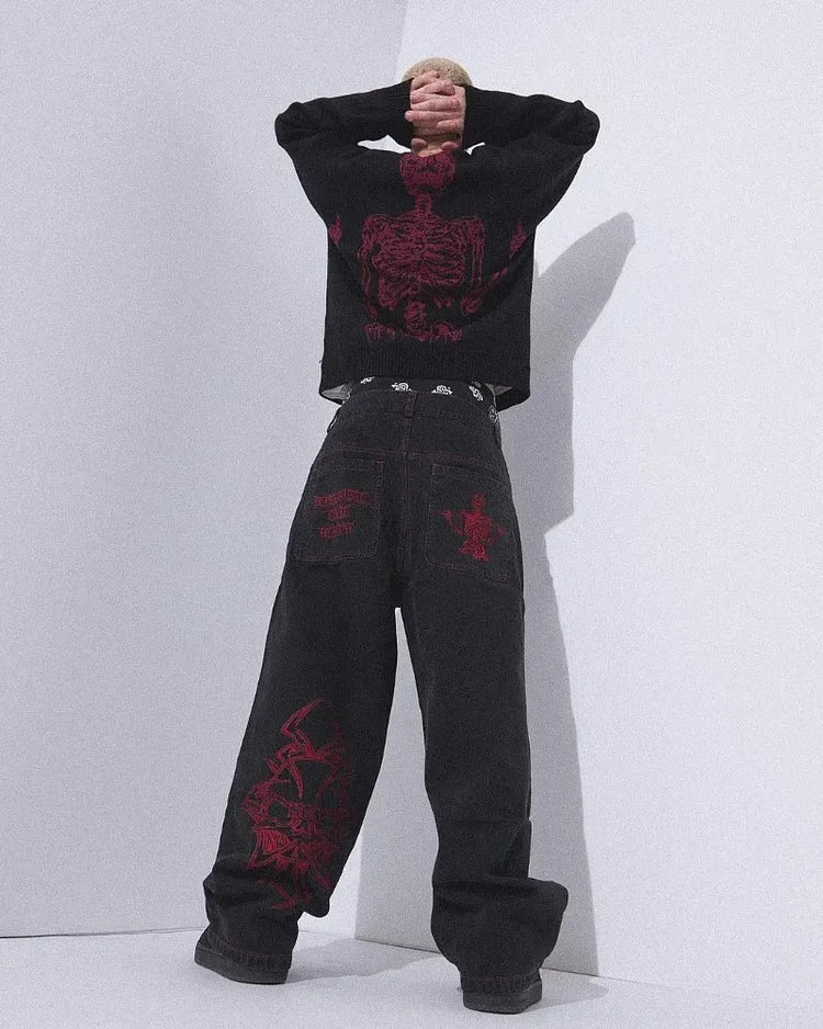 Calça jeans larga, estilo harajuku.