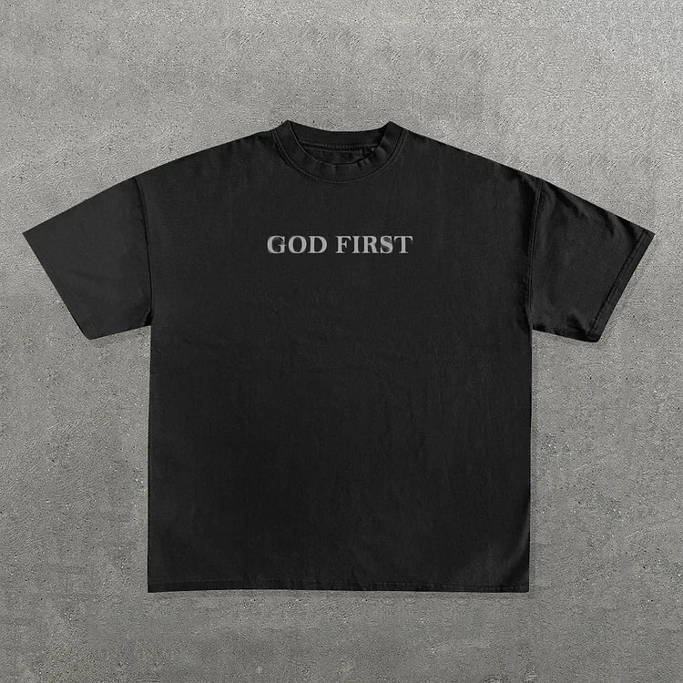 T-Shirt God First Print Short Sleeve