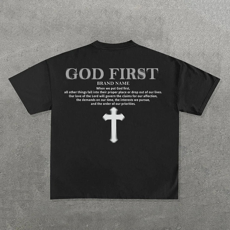 T-Shirt God First Print Short Sleeve