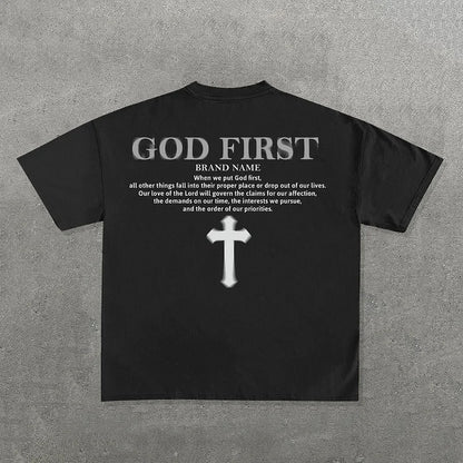 T-Shirt God First Print Short Sleeve